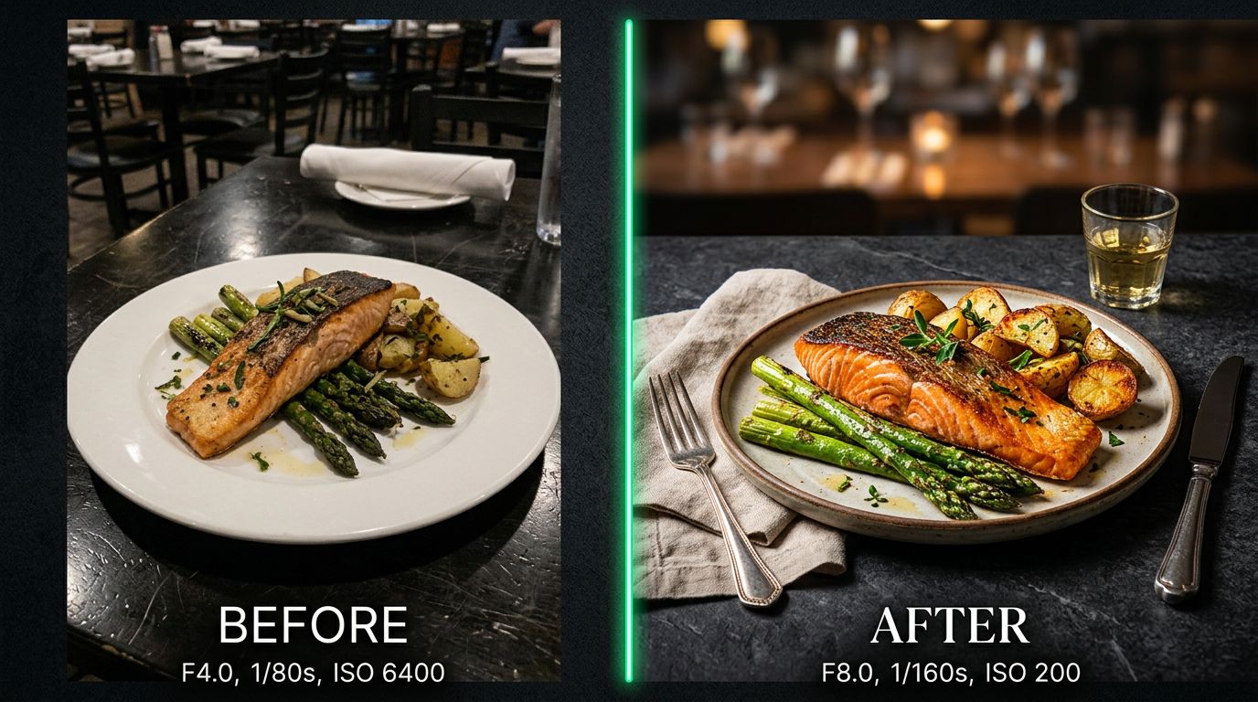 Before and after comparison of a restaurant dish transformed by AI into a professional food photograph