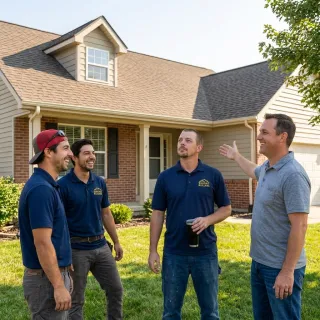 A team in professional polo shirts in front of a home, symbolizing a real local business success story