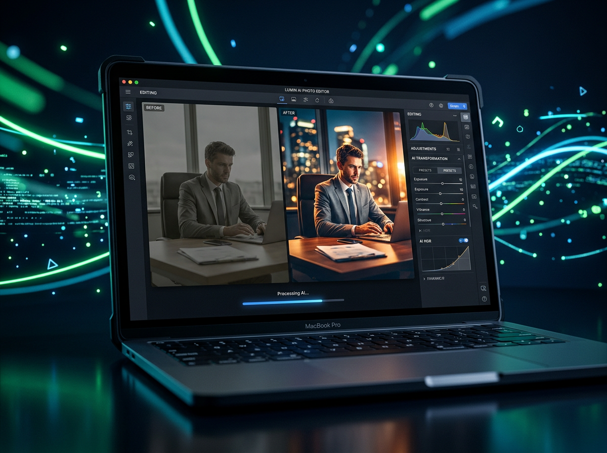 An AI photo editing screen transforming a dull business photo into a professional image